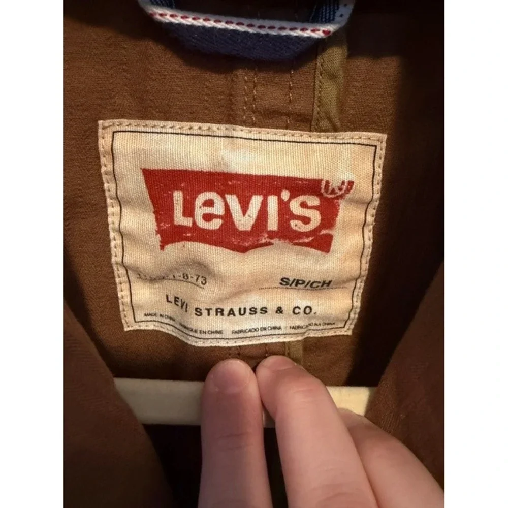 Levis Mens Khaki Tan Herringbone Cotton Chore Coat Shawl Collar Jacket Small - Picture 6 of 8